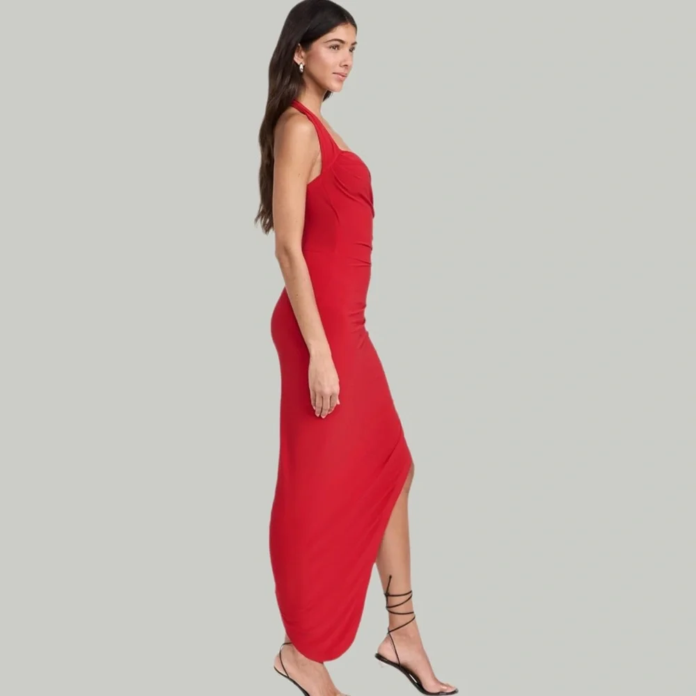 NWT Norma Kamali Red Asymmetrical Bodycon Dress w/ Slit & Ruching - Tiger Red-XS - Picture 4 of 8